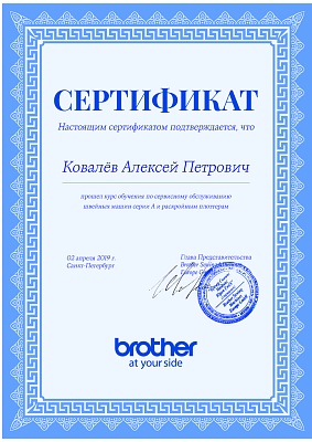 Сертификат Brother 2019 — Швеймастер